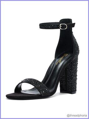 Women's Strappy High Heeled Sandals 4 Inch Square Open Toe Slingback Ankle